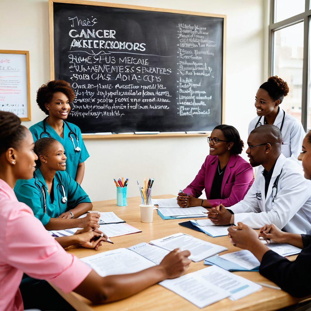 A diverse group of healthcare professionals and cancer survivors engaging in a dynamic discussion around a table filled with medical research materials and support materials. In the background, a chalkboard filled with empowering quotes about cancer awareness and advocacy. Soft lighting creates a warm and hopeful atmosphere. super-realistic. vibrant colors. white background.