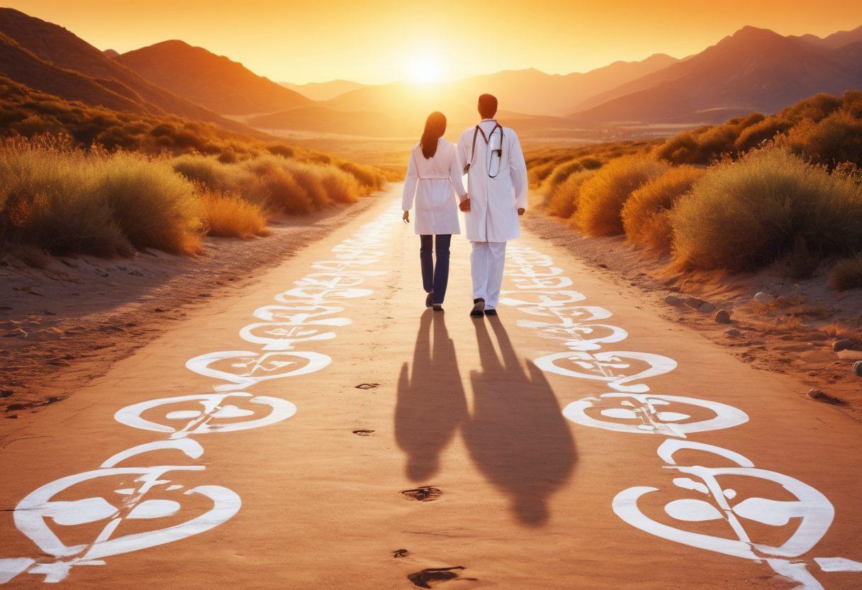 A radiant pathway illustrating various treatment options, with symbols representing healthcare resources like a stethoscope, a heart, and a medical chart along the sides. The scene should include diverse individuals holding hands and navigating this path together, exuding hope and empowerment. The background should be a sunrise, symbolizing new beginnings and optimism, with a soft focus to create an inviting atmosphere. vibrant colors. super-realistic.