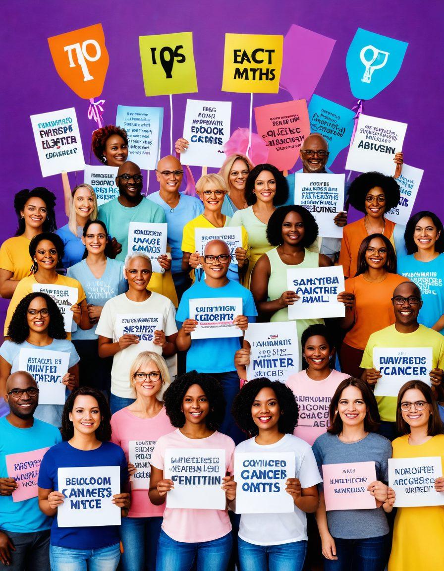 A diverse group of empowered individuals stands united, holding signs with facts debunking common cancer myths. A vibrant background with symbolic representations of knowledge, such as books and light bulbs, blends with elements of advocacy like ribbons and megaphones. A warm, hopeful atmosphere radiates positivity and strength. super-realistic. vibrant colors. 3D.